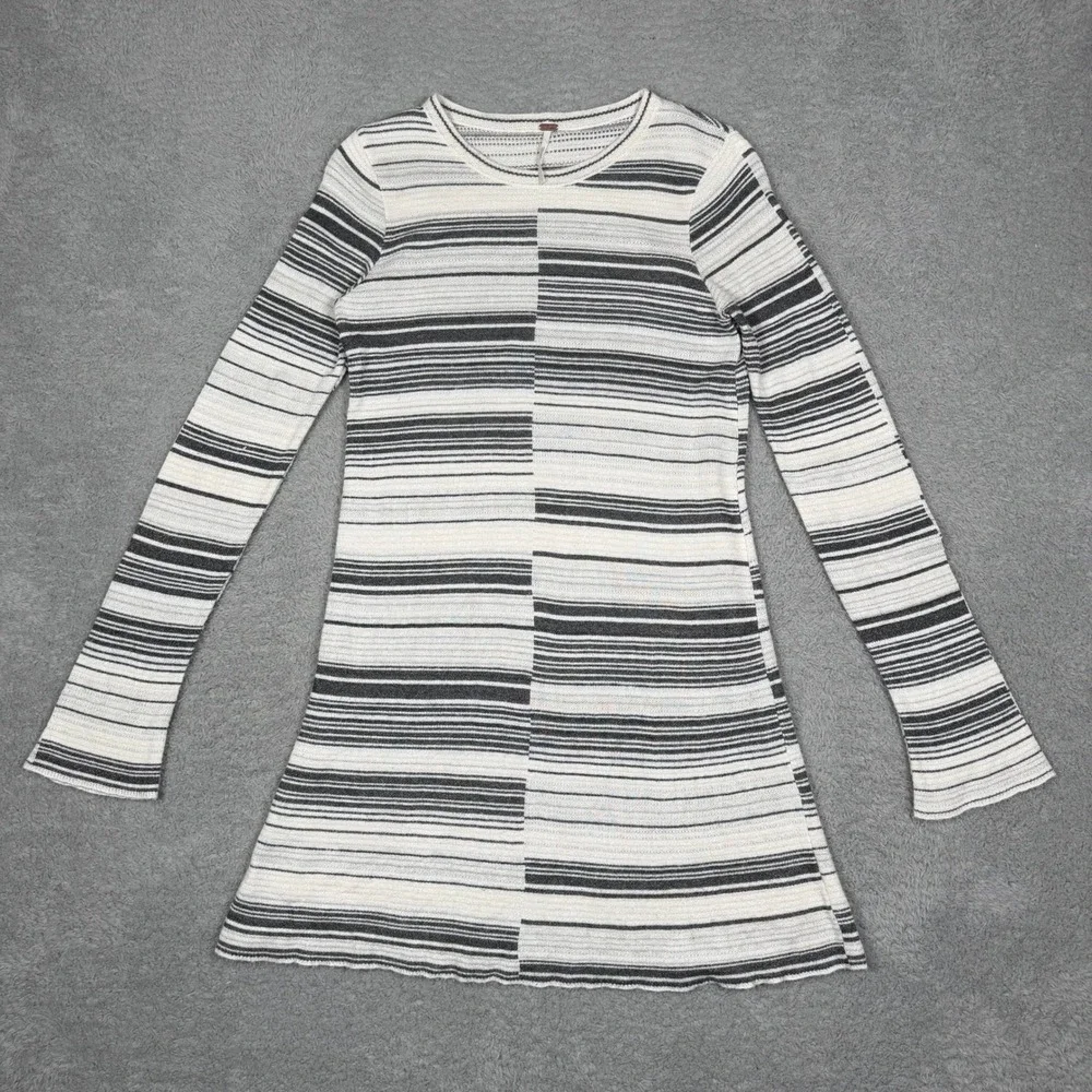 Free People Womens Small Striped Knit Tunic Long Sleeve Mini Dress Ivory Black